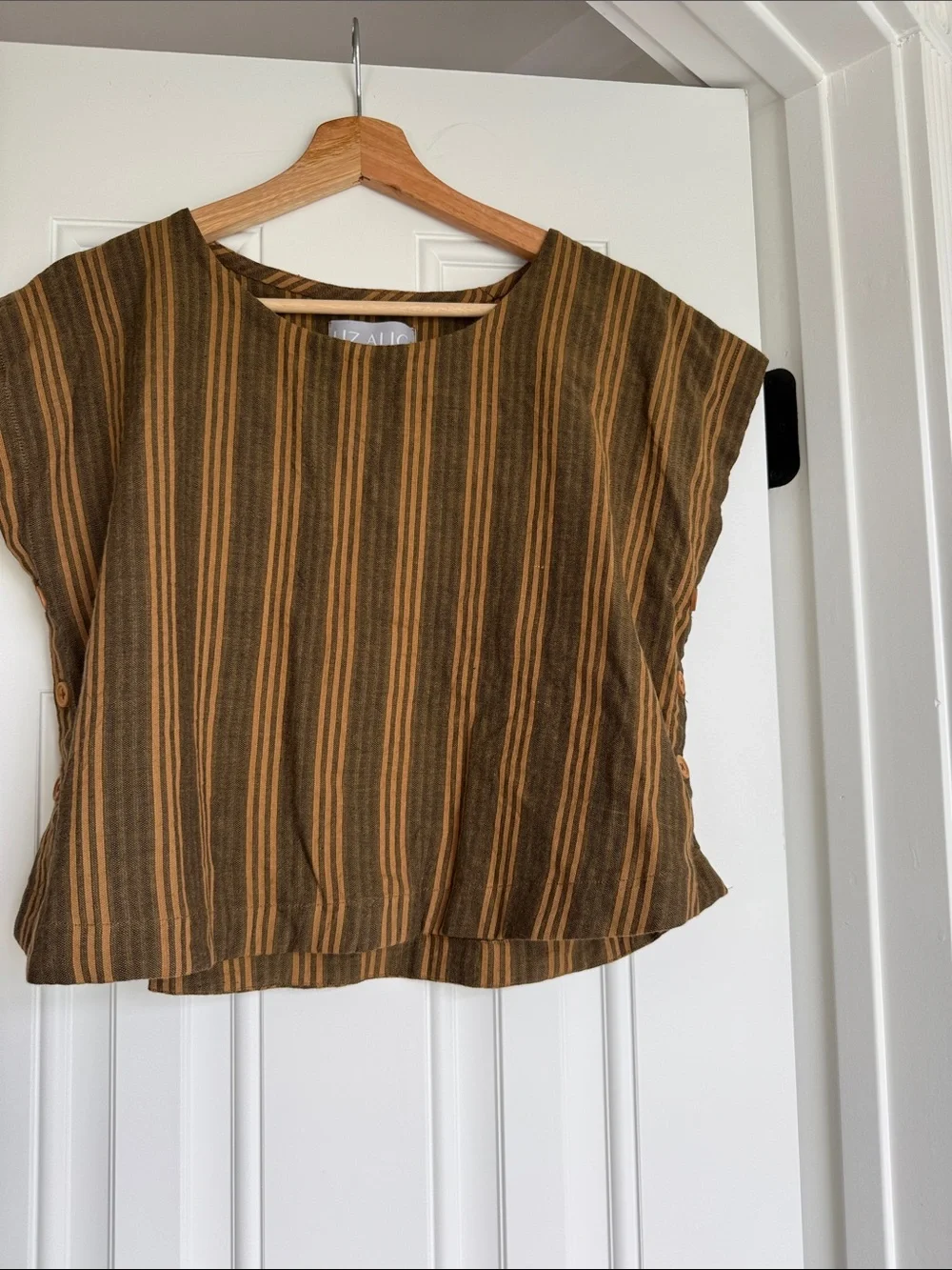 Liz Alig Striped Two-Piece Wide-Leg Set in Brown and Mustard - Picture 5 of 13